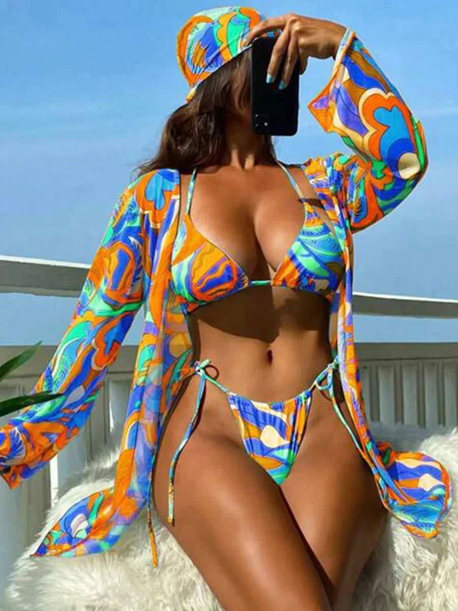 4 PCS Printed With Cover Up Hairband Bikini