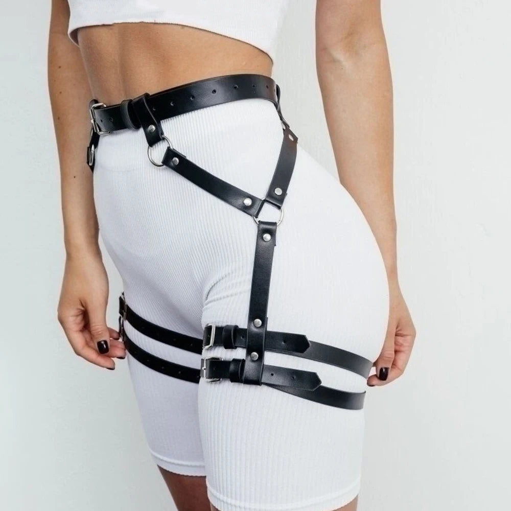 Studded Decor Harness Belt Sexy Leg Harness Suspenders Pu Leather Thigh Garter Harness for Women Harness Clothing Accessories