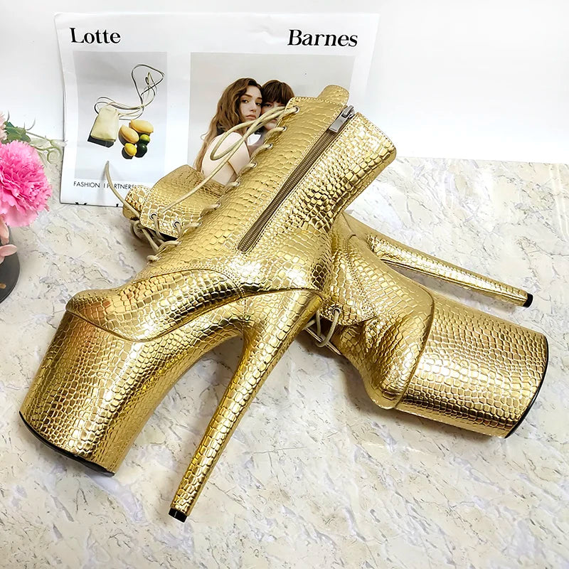 New Style Sexy Motorcycle Lace Up 20cm Gold Pole Dance Shoes Ankle Boots Platform Gladiator Nightclub 8Inches High Heels Exotic