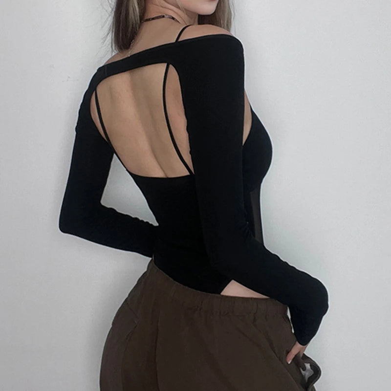 Goth Dark Mesh Patchwork Sheer Y2k Punk Sexy Bodysuits Cyber Gothic Buckle Bodycon Crop Tops Women Backless Bodysuit 2 Piece Set