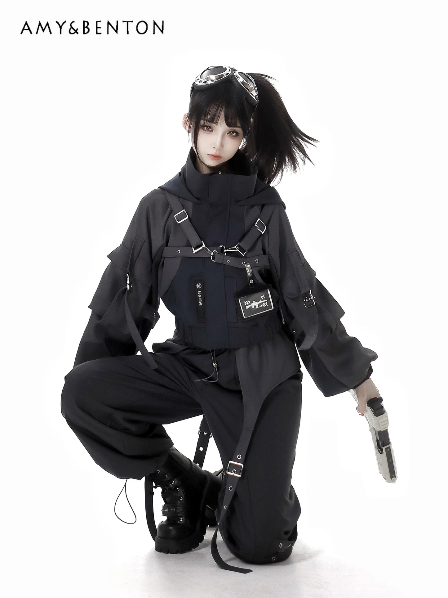 Gothic Splicing Mechanical Style Sets Sweet Cool Hooded Oversized Zipper Jacket Elastic Waist Casual Trousers Subculture Outfits