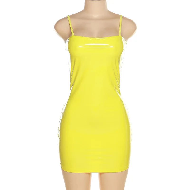 New Sexy Faux Leather Dress Backless Club Party Short Dress Solid Yellow Wet Look Latex Bodycon Push Up Bra Mini Micro Dress