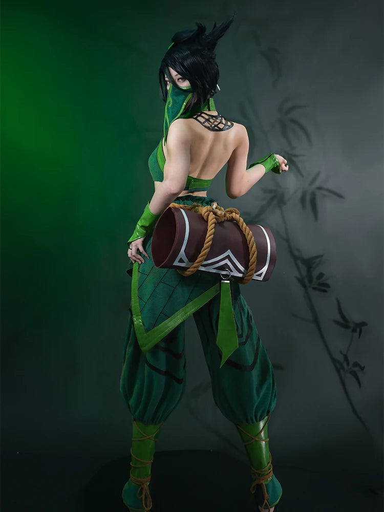 ROLECOS LOL The Rogue Assassin Akali Cosplay Costume Game LOL Akali Women Green Outfit Halloween Suit With Bag
