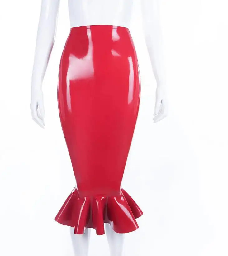 Latex pencil skirt with ruffle