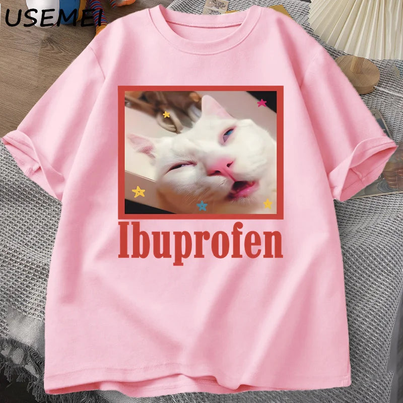 Ibuprofen Cat Meme Tshirt Funny Cat Graphic Tee Cute Cat Lover Cotton T-Shirt Casual Funny T Shirts Unisex Oversized Tshirt Tee