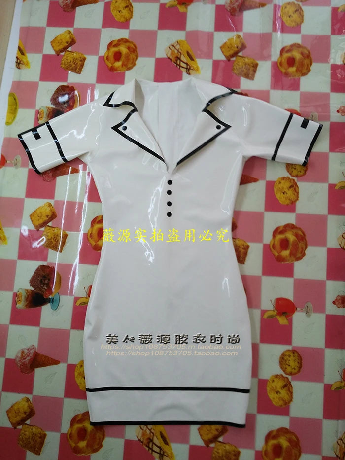 ASHBURN Sexy Short Sleeve Latex Nurse Dress Cosplay Thigh Tight Rubber Fetish Slim with Back Zipper