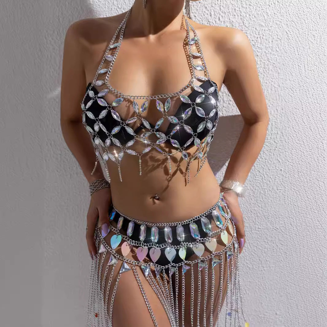 Gem Hollow Bra Shoulder Straps Tassel Skirt Suit