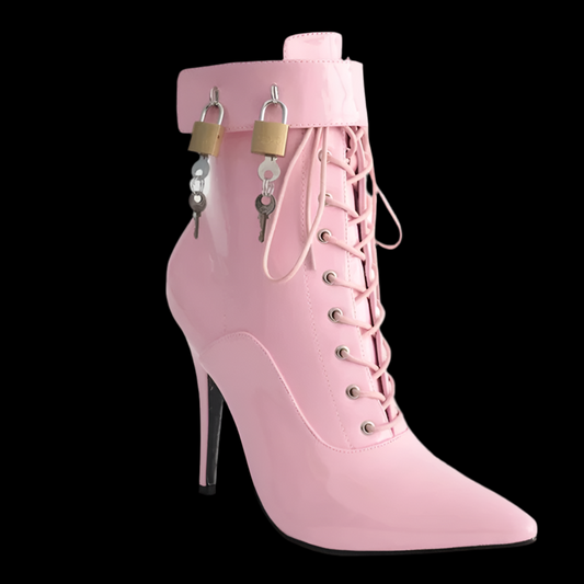 Women Pointed Toe Ankle Strap Boot 12cm Sexy Cross-tied Metal Thin High Shoes Stiletto Buckle Boots with Padlocks Lockable Boots