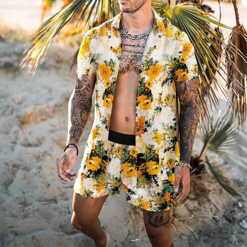 Men's Casual Suit Digital Printing Slim-fit Short-sleeved Shirt Youth Beach Suit