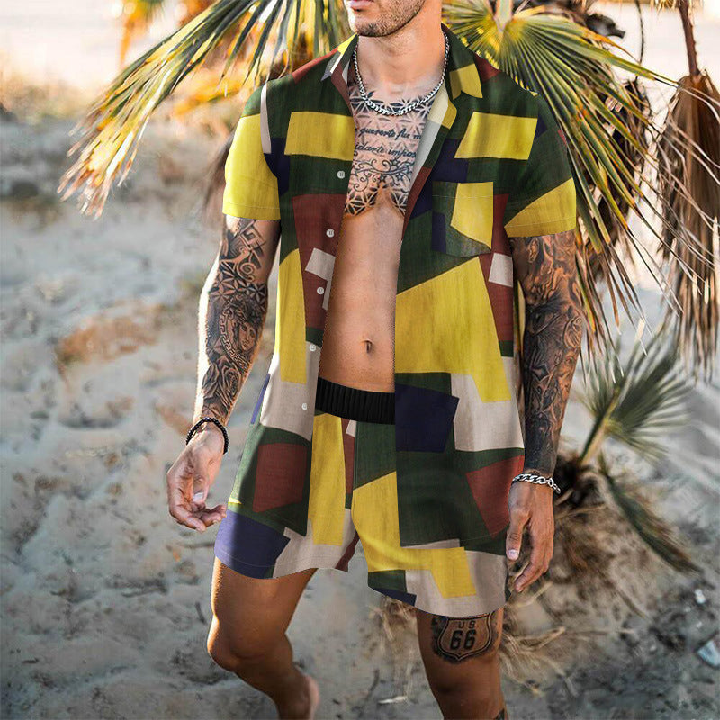Men's Casual Suit Digital Printing Slim-fit Short-sleeved Shirt Youth Beach Suit