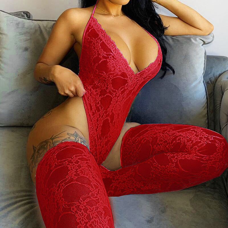 Lace Obey Set – V-Cut Stocking Bodysuit (2-Piece)