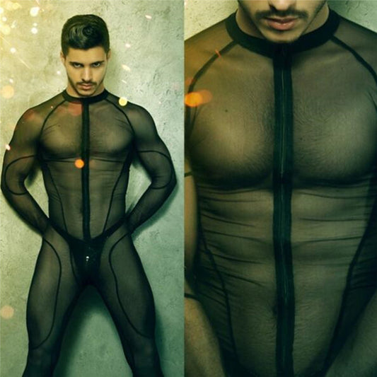 Fine Mesh See-through Stitching One-piece Bodysuit