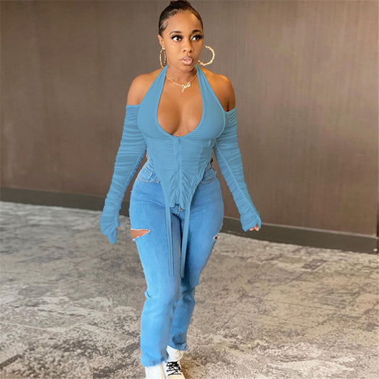 New V-neck Strapless Lace up Mesh See through Long Sleeved Top