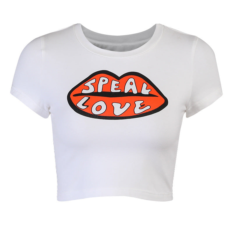 Instahot Trend Personalized Print Round Neck t-shirt female European And American Spice Girl Fashion Slim Fit Short White Top