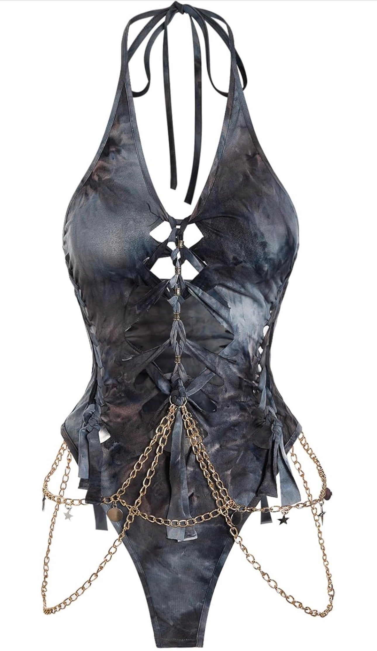 Women's Gothic Cut Out Lace Up Bodysuit Going Out Halter Neck Rave Body Suits and Fourth of July costume