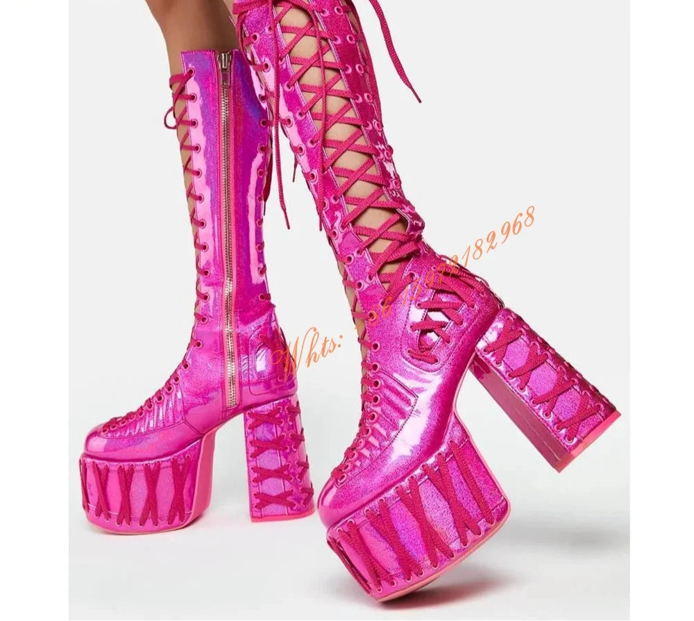 Sweet Pink  Platform Summer Boots Round Toe Chunky High Heels Knee High Boot Lace Up Hollow Solid Side Zipper Party Dress Shoes