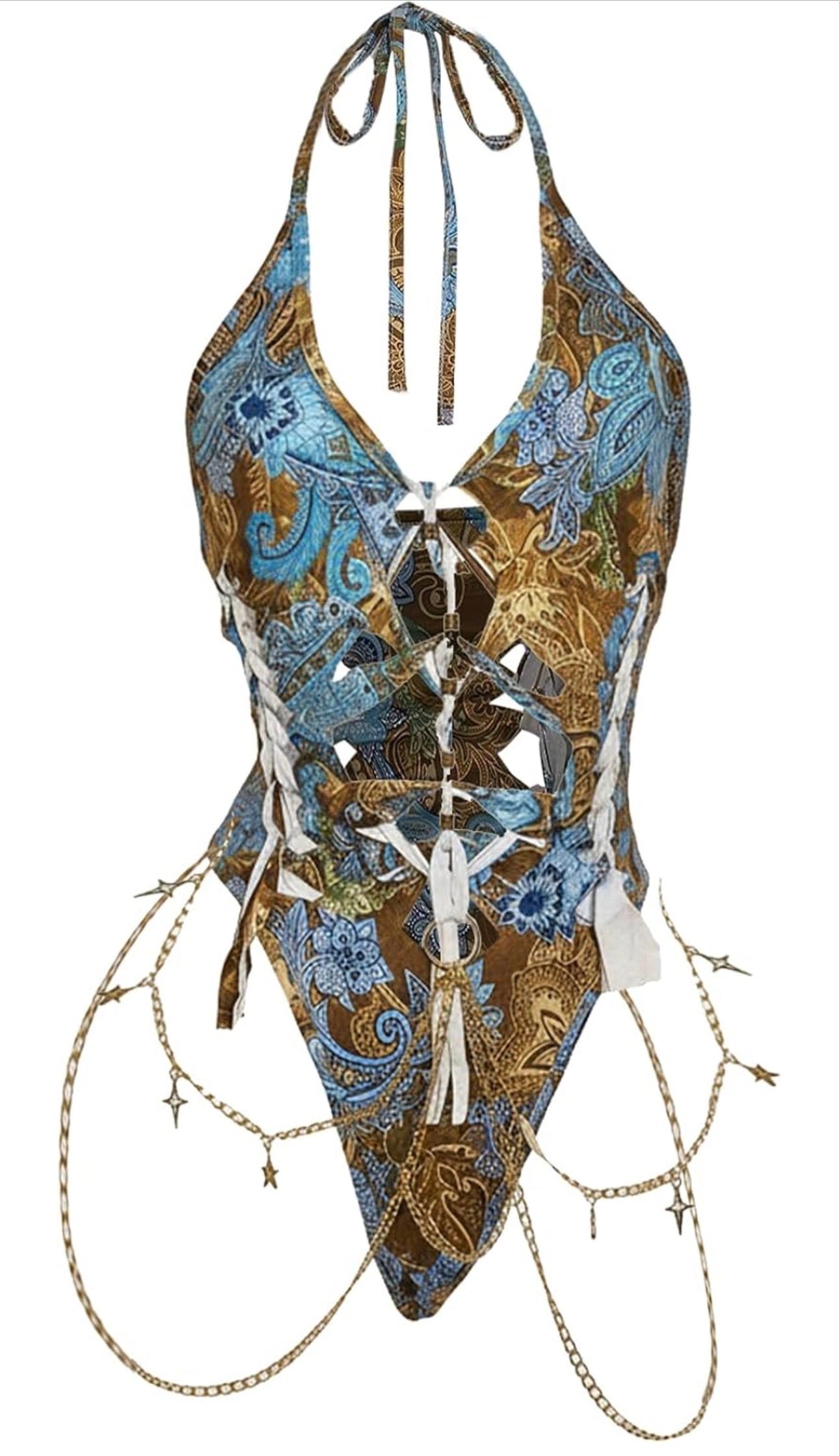 Women's Gothic Cut Out Lace Up Bodysuit Going Out Halter Neck Rave Body Suits and Fourth of July costume
