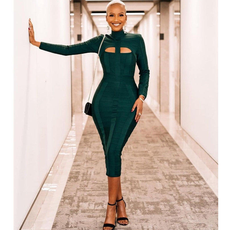 Dark Green Stand turtleneck Long Sleeve Slim Fit Bandage Dress