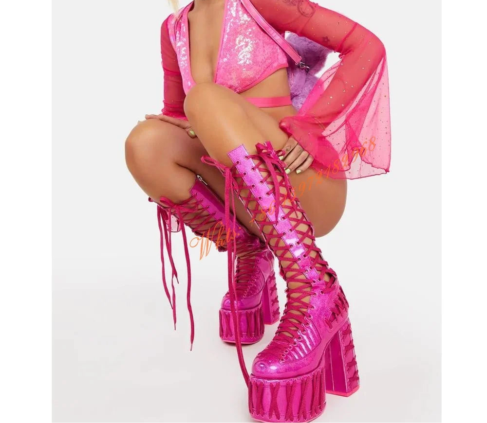 Sweet Pink  Platform Summer Boots Round Toe Chunky High Heels Knee High Boot Lace Up Hollow Solid Side Zipper Party Dress Shoes