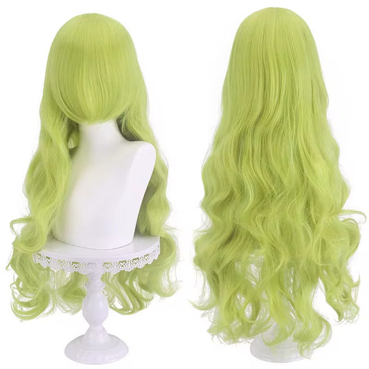 Long Wavy Curly Hair Wig with Bangs 31"/80cm Green Natural Synthetic Heat Resistant Fiber Hair Wig Colorful Halloween Costume Party Cosplay Wigs with Bangs for Women wig