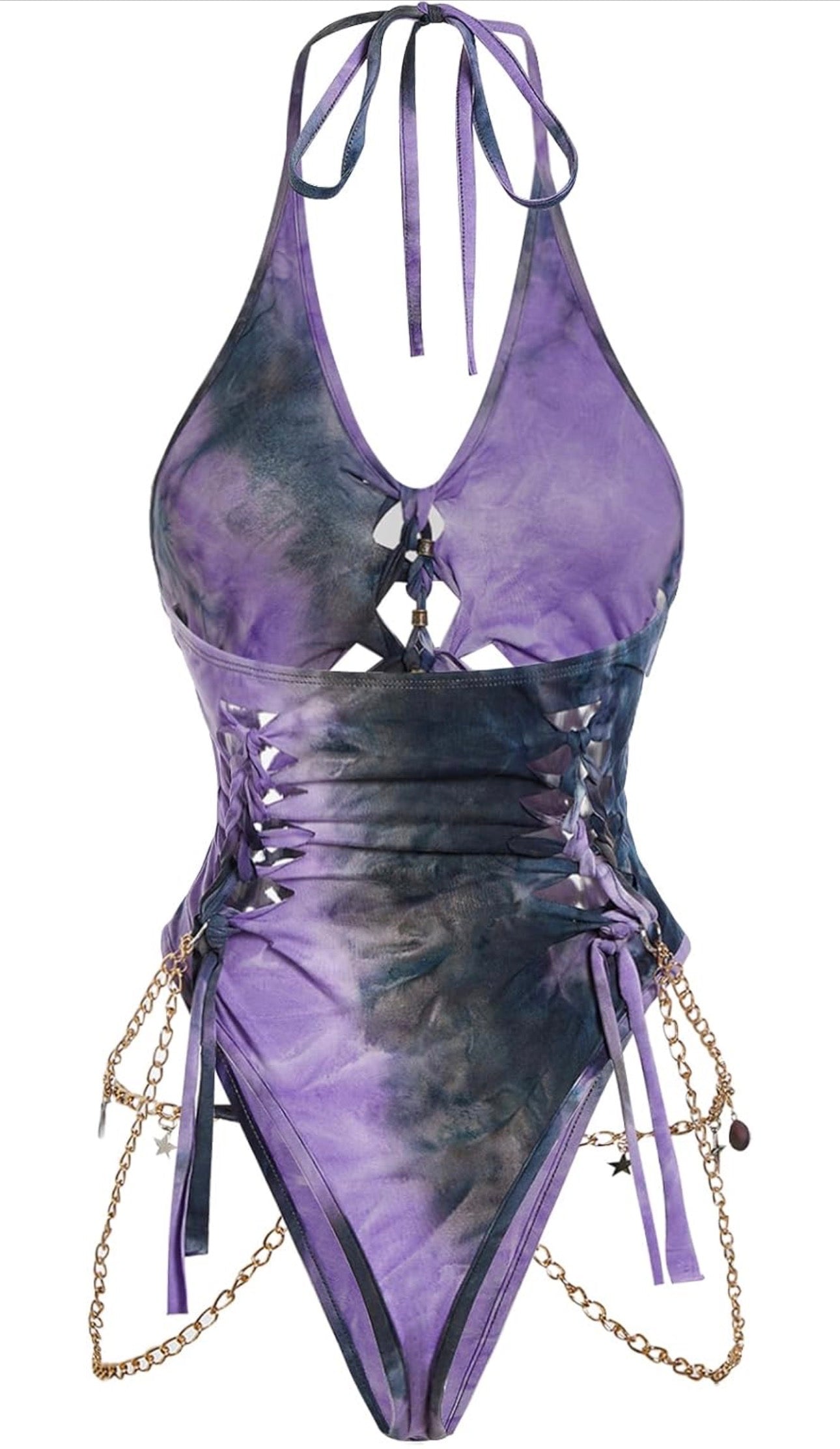 Women's Gothic Cut Out Lace Up Bodysuit Going Out Halter Neck Rave Body Suits and Fourth of July costume