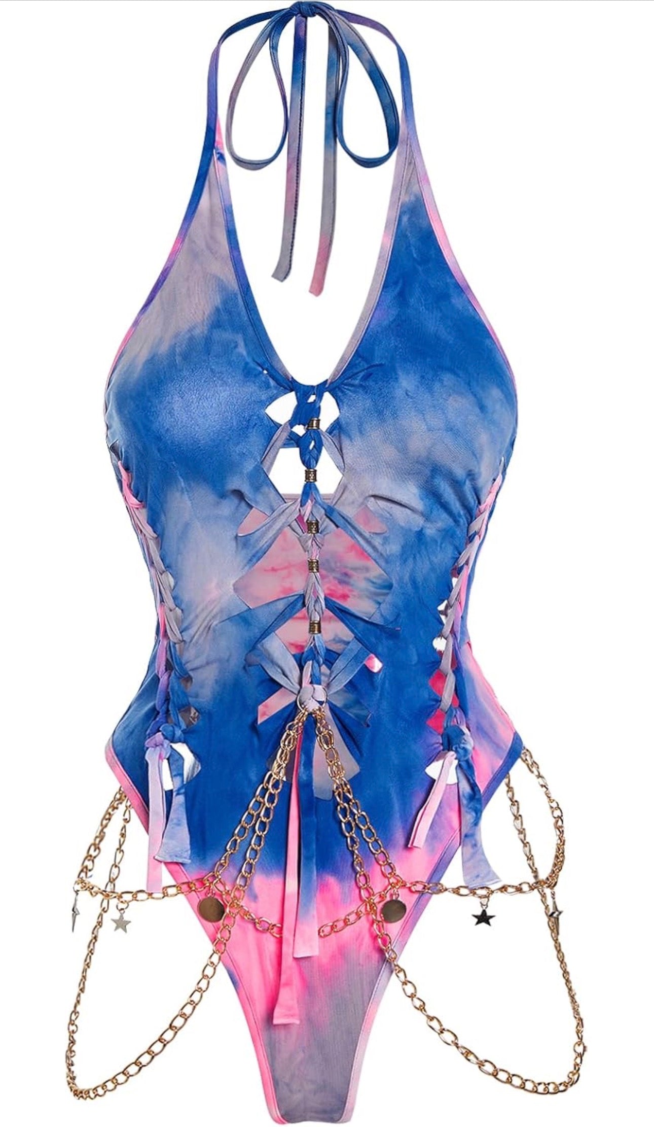 Women's Gothic Cut Out Lace Up Bodysuit Going Out Halter Neck Rave Body Suits and Fourth of July costume
