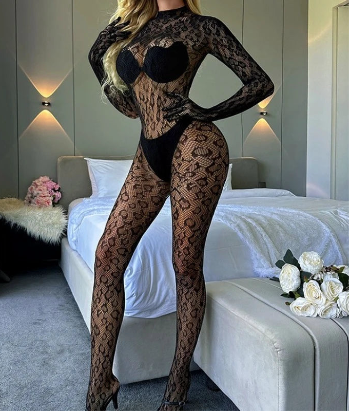 Toucheart Sexy Mesh Jumpsuit Women's Underwear Long-sleeved Jumpsuit Fishnet Top with Closed Crotch Perspective Sexy Jumpsuit