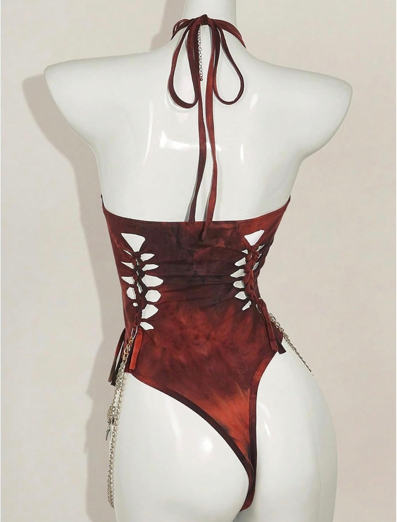 Women's Gothic Cut Out Lace Up Bodysuit Going Out Halter Neck Rave Body Suits and Fourth of July costume