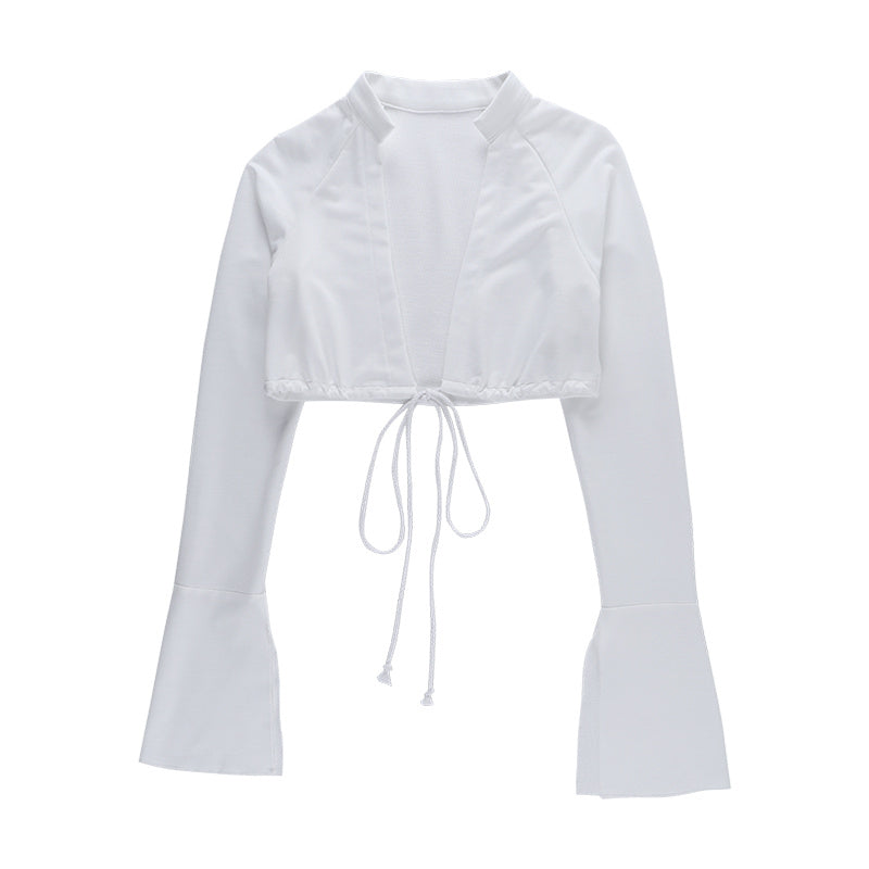 V-neck Drawstring Tie Short Long-sleeved Top