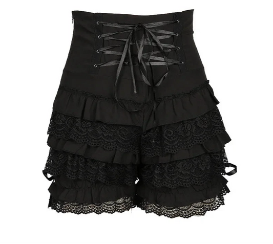 Lolita Style Vintage Lace Ruffles Shorts Plus Size Lace Up Black Women Pumpkin Bloomers Gothic Punk Girls High Waist Shorts