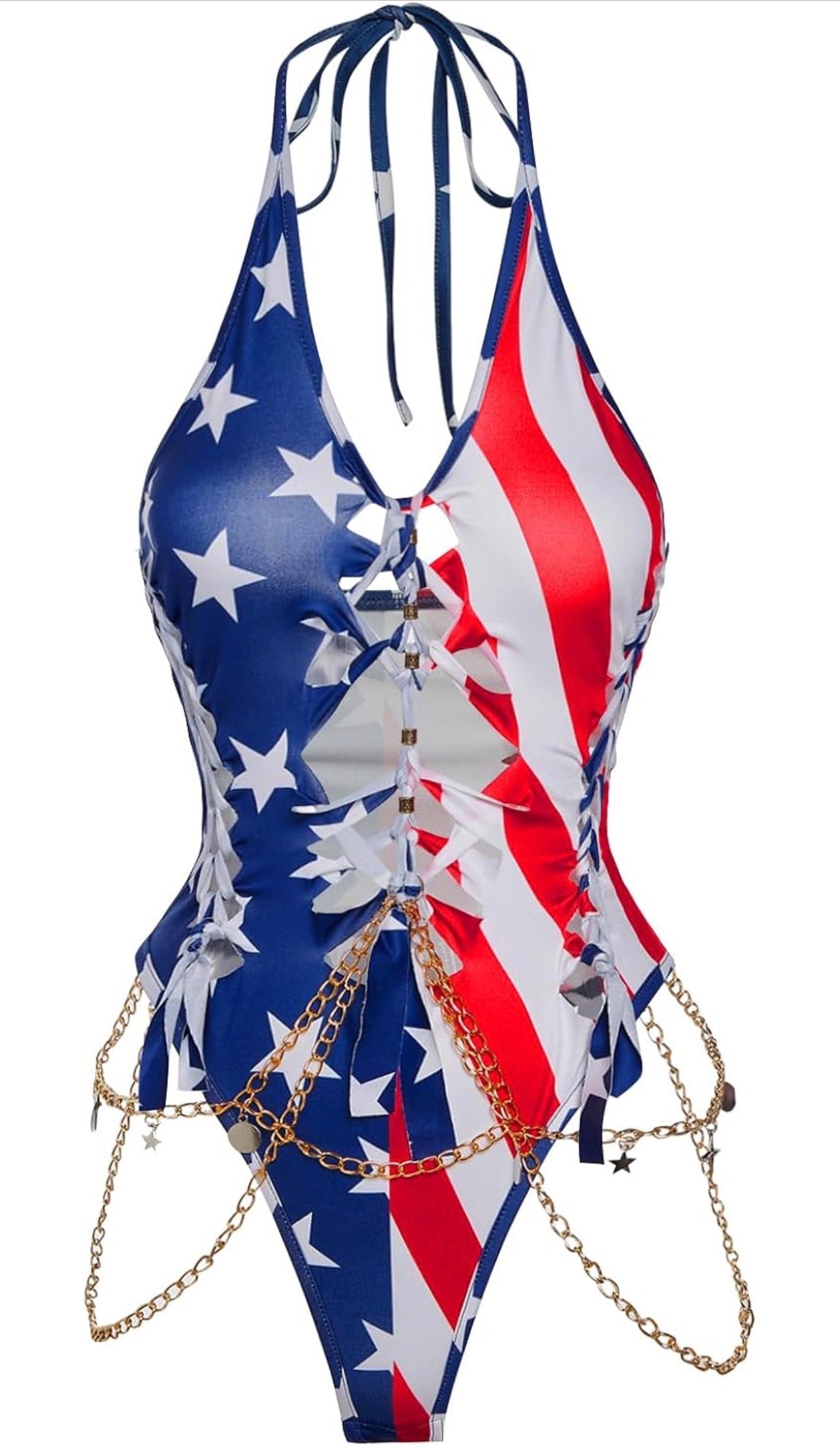 Women's Gothic Cut Out Lace Up Bodysuit Going Out Halter Neck Rave Body Suits and Fourth of July costume