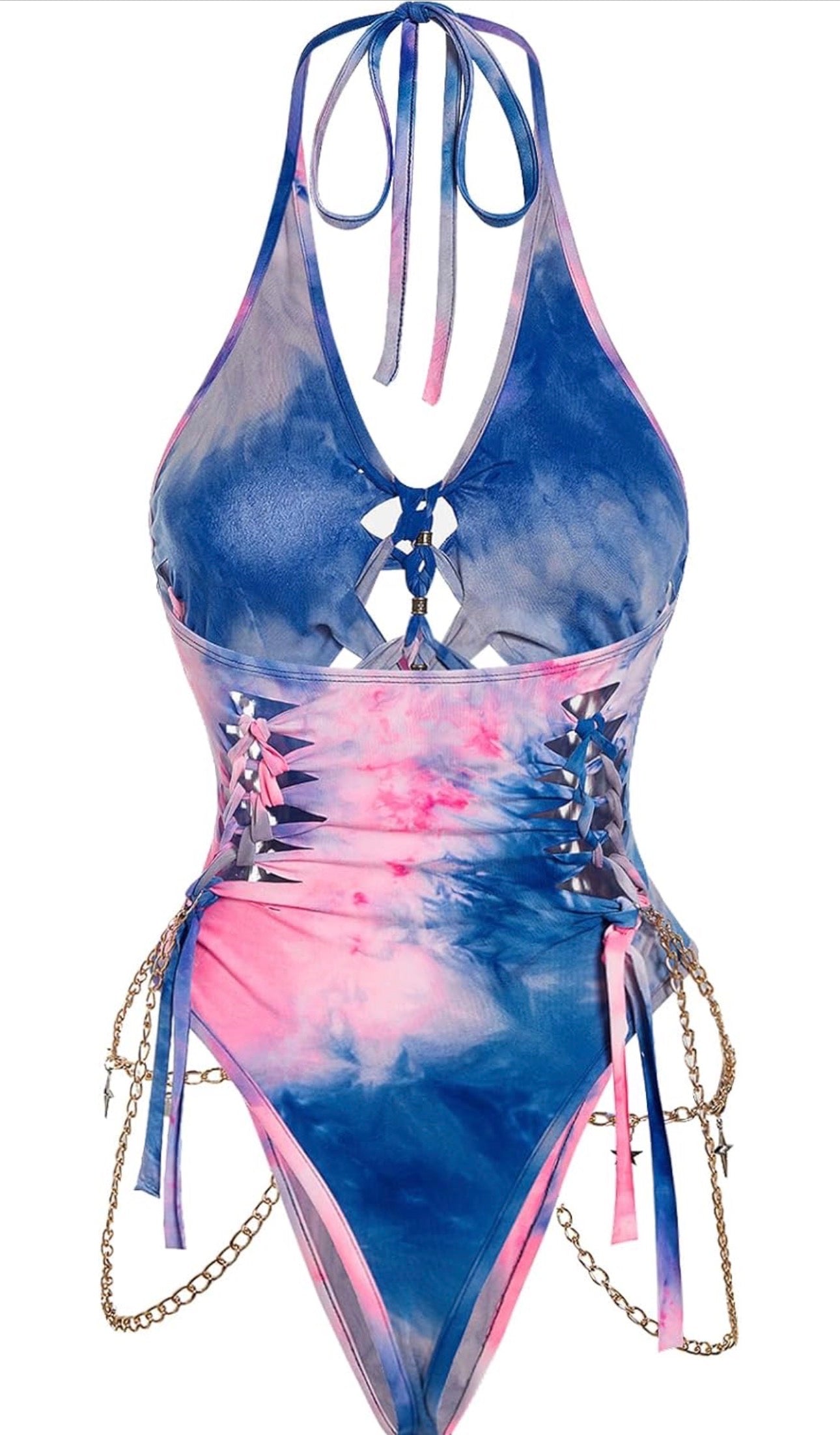 Women's Gothic Cut Out Lace Up Bodysuit Going Out Halter Neck Rave Body Suits and Fourth of July costume