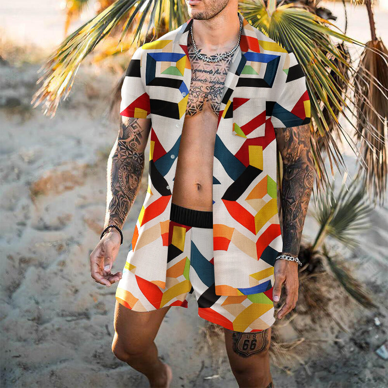 Men's Casual Suit Digital Printing Slim-fit Short-sleeved Shirt Youth Beach Suit
