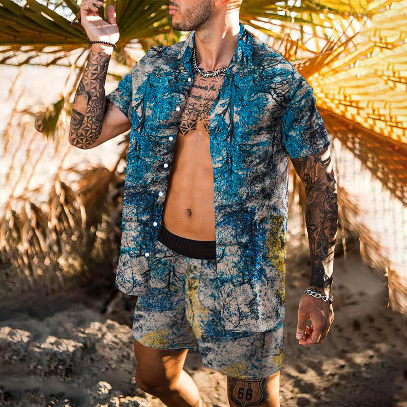 Men's Casual Suit Digital Printing Slim-fit Short-sleeved Shirt Youth Beach Suit