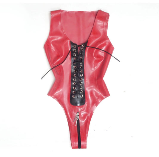 Red laced 100% latex bodysuit with zipper