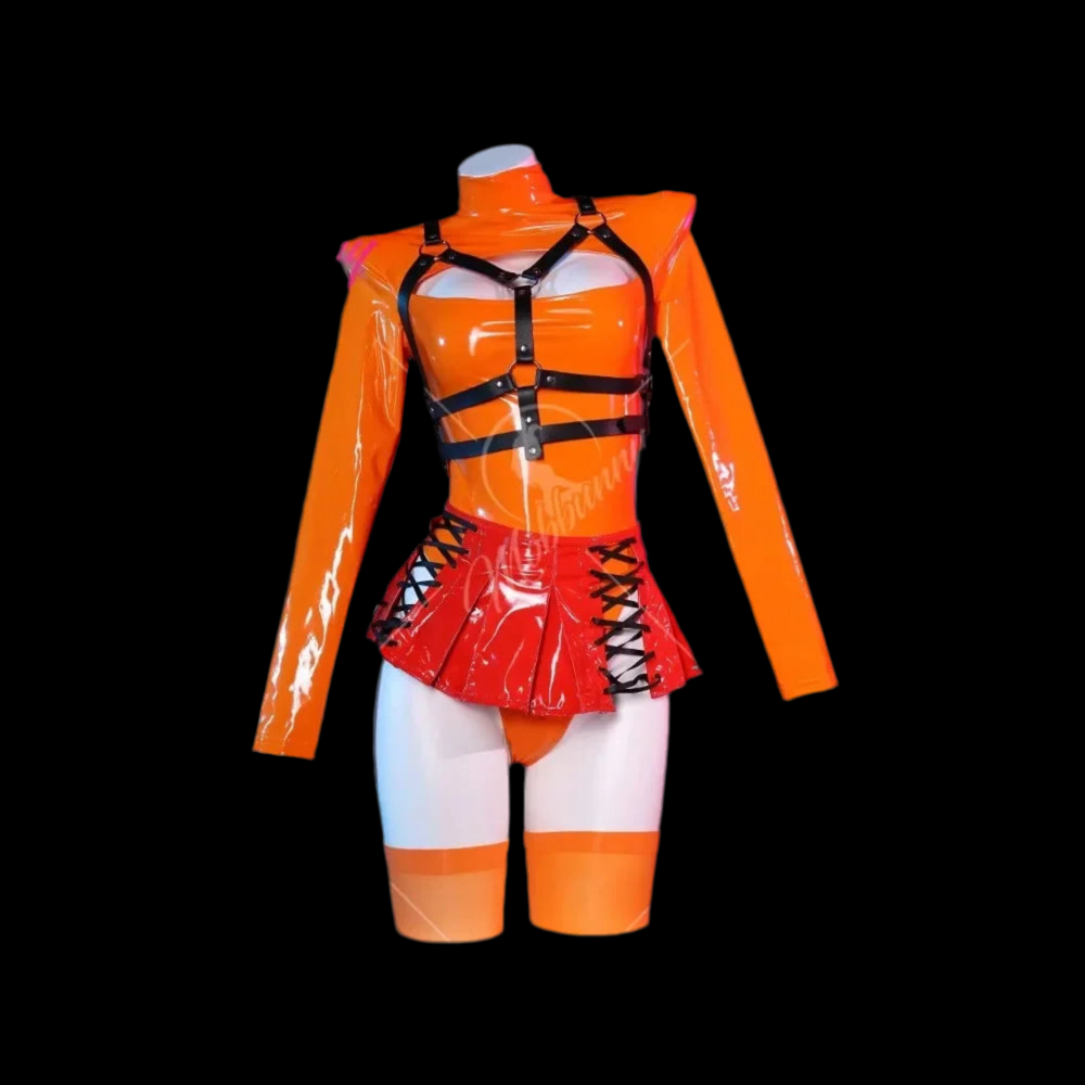 Women Velma Cosplay Costume Women Lingerie Orange Chest Open Bodysuit and Lace-up Mini Skirt with Socks