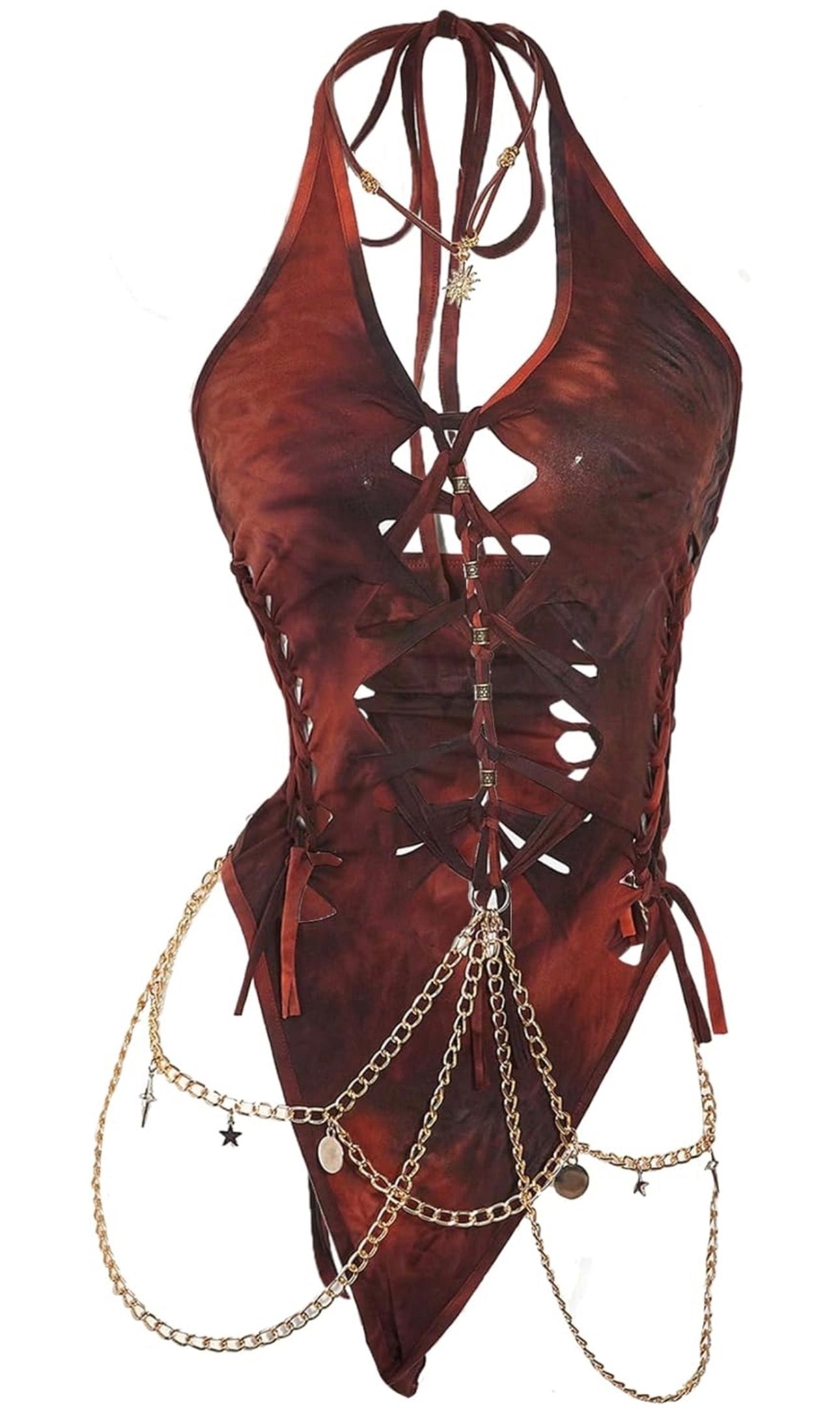 Women's Gothic Cut Out Lace Up Bodysuit Going Out Halter Neck Rave Body Suits and Fourth of July costume