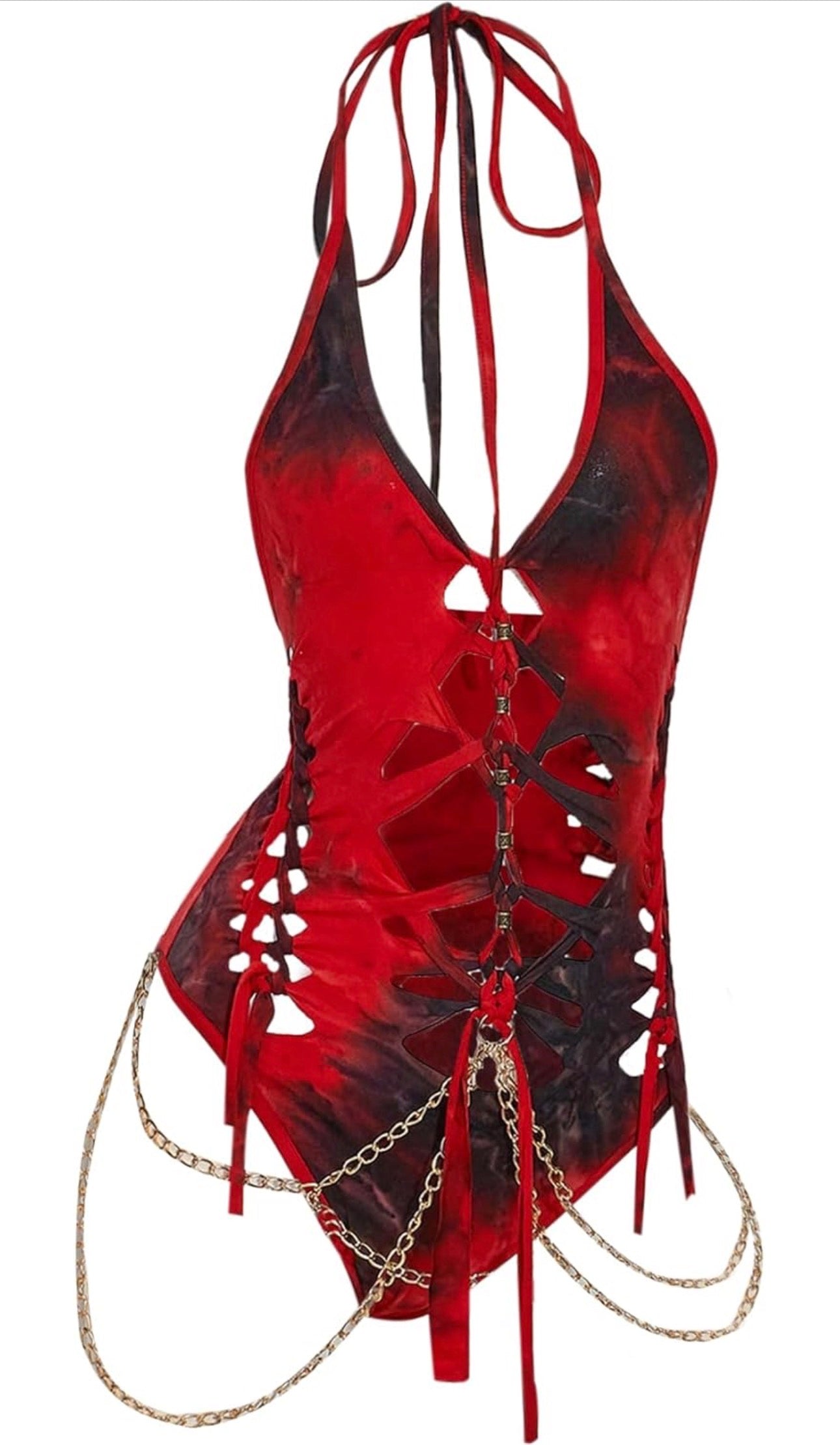 Women's Gothic Cut Out Lace Up Bodysuit Going Out Halter Neck Rave Body Suits and Fourth of July costume