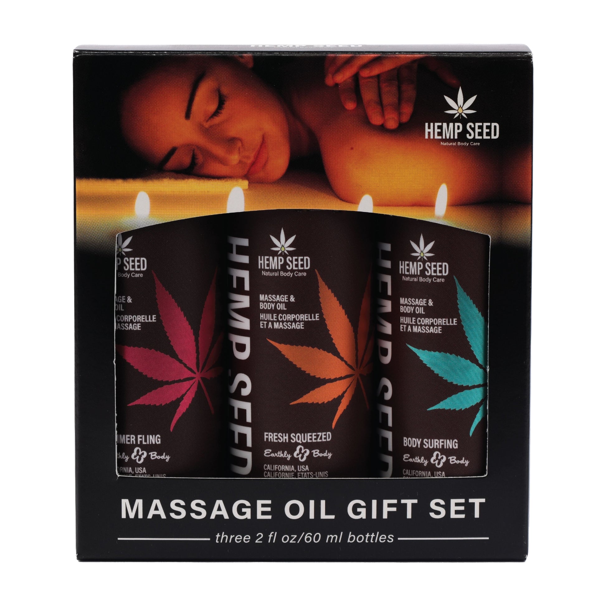 Hemp Seed Massage & Body Oil Trio Gift Set Summer 2025 includes 1 of each: 2oz Body Surfing, Fresh Squeezed, Summer Fling