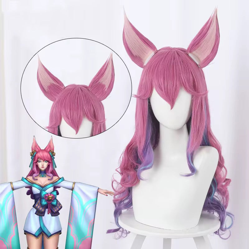 60cm Long Wave LOL Wig League of Legends Spirit Blossm Ahri Wig Synthetic Anime Cosplay Wigs With Ears CS-119M wig cosplay