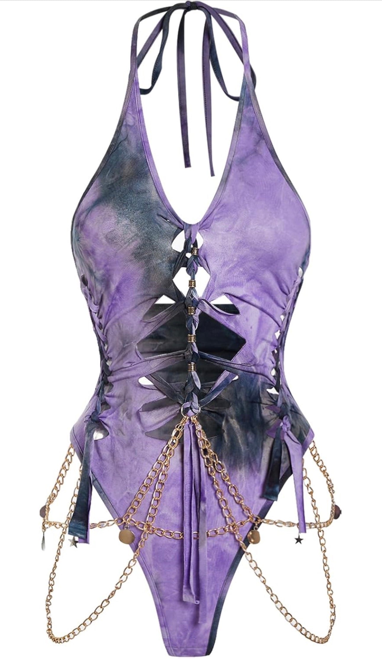 Women's Gothic Cut Out Lace Up Bodysuit Going Out Halter Neck Rave Body Suits and Fourth of July costume