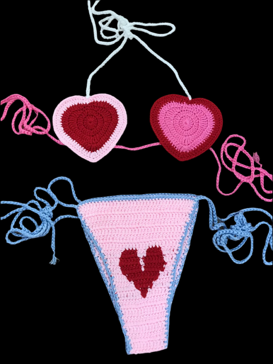 Summer Bikini 100% Handmade Brazilian Crochet Heart yarn Swimsuit Set Sexy Bathing Suit Red and Pink Hot Beachwear Swim Suits Custom