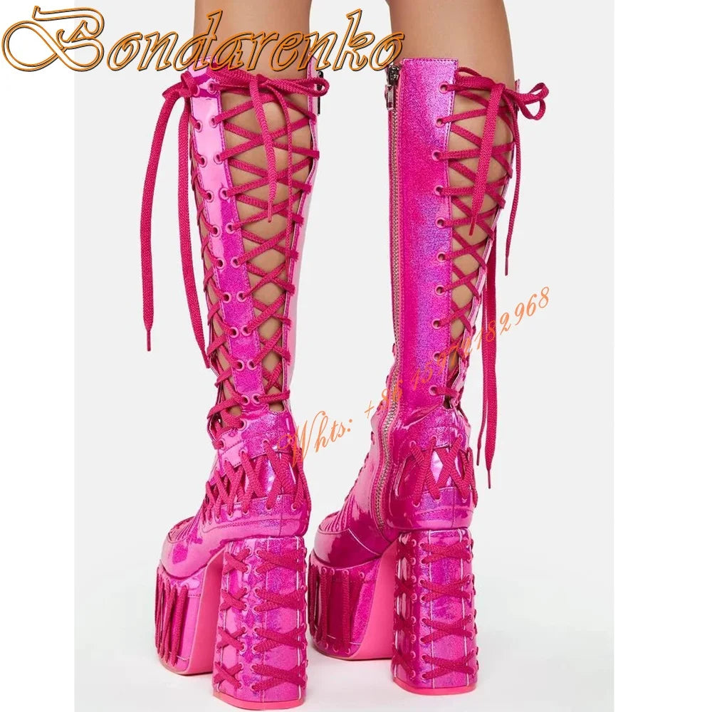 Sweet Pink  Platform Summer Boots Round Toe Chunky High Heels Knee High Boot Lace Up Hollow Solid Side Zipper Party Dress Shoes