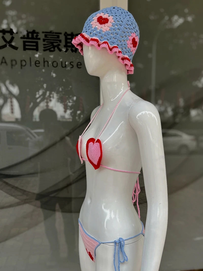 Red Love Heart Crochet Threaded Bikini Set With bucket Hats Handmade Swinwear Bathing Suit Sexy Fashion Swimsuit Vacation Wear