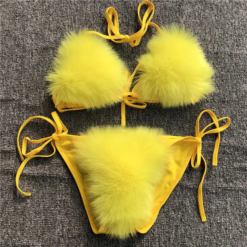2025 Woman Sexy Bikini Swimsuit 2 piece Set Summer Fur Swimwear Bikini Set Adjustable Bra Cute Girls Beach Bikini Bathing Suits