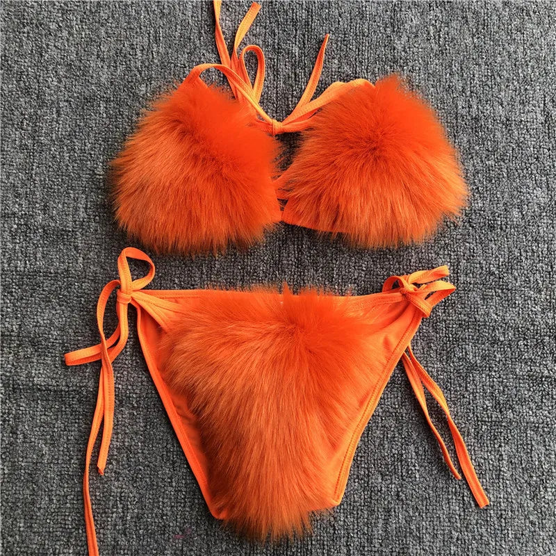 2025 Woman Sexy Bikini Swimsuit 2 piece Set Summer Fur Swimwear Bikini Set Adjustable Bra Cute Girls Beach Bikini Bathing Suits
