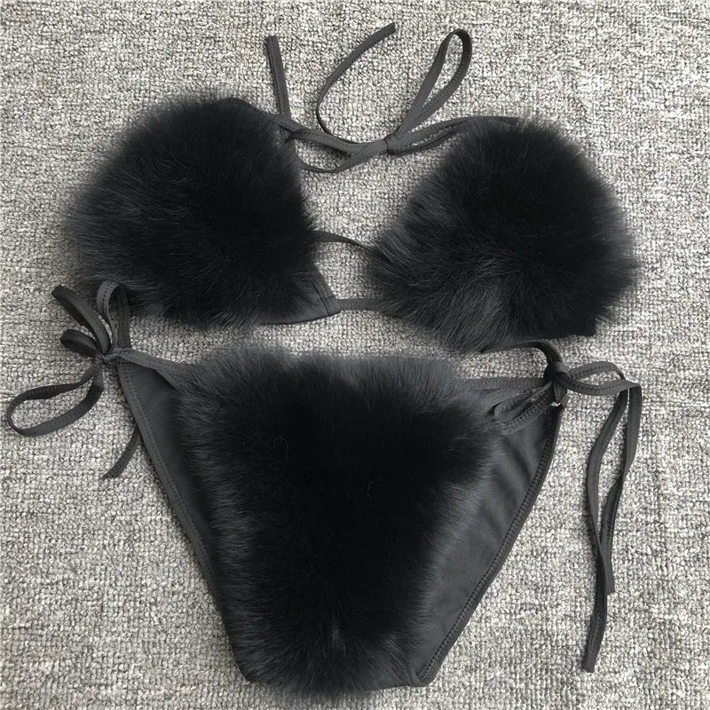 2025 Woman Sexy Bikini Swimsuit 2 piece Set Summer Fur Swimwear Bikini Set Adjustable Bra Cute Girls Beach Bikini Bathing Suits
