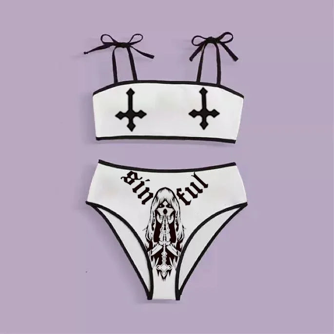 New Black And White Sexy Goth Emo Women Two-piece Skull Print Bikini Suit Split Bathing Suit High Waist Gothic Swimsuit Beach