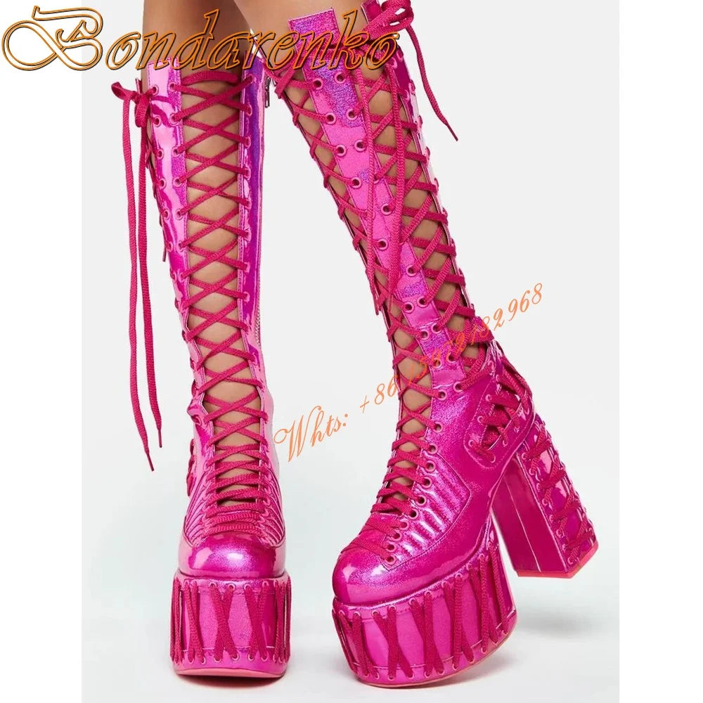 Sweet Pink  Platform Summer Boots Round Toe Chunky High Heels Knee High Boot Lace Up Hollow Solid Side Zipper Party Dress Shoes