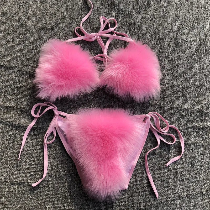 2025 Woman Sexy Bikini Swimsuit 2 piece Set Summer Fur Swimwear Bikini Set Adjustable Bra Cute Girls Beach Bikini Bathing Suits